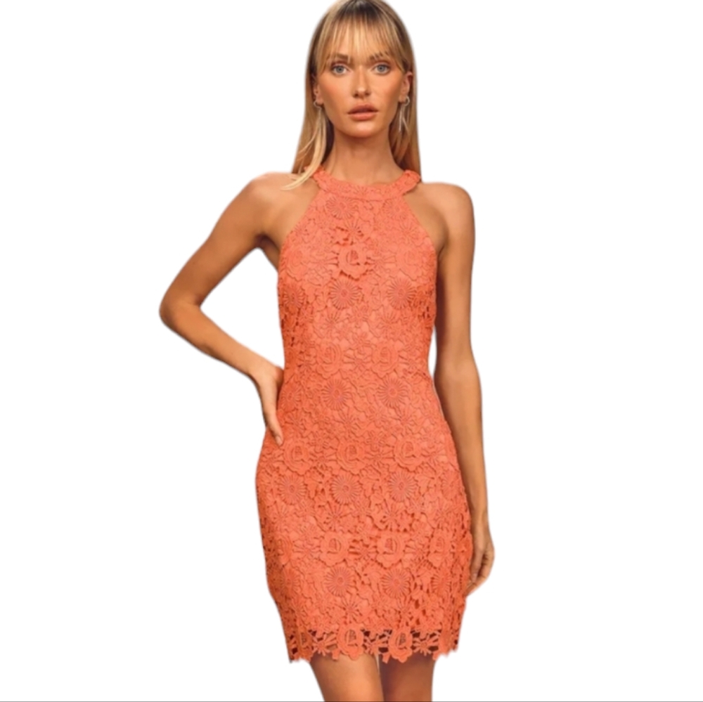 Lulu's Coral Lace Halter Mini Dress